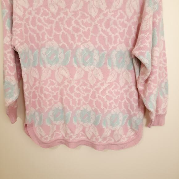 VTG Pink Blue Pastel Floral High Mock Neck  Sweater Sz Large Soft Ramie Blend - Picture 4 of 9